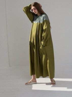 Sofie D'Hoore Olive Green Midi Dress with Pale Blue Yoke